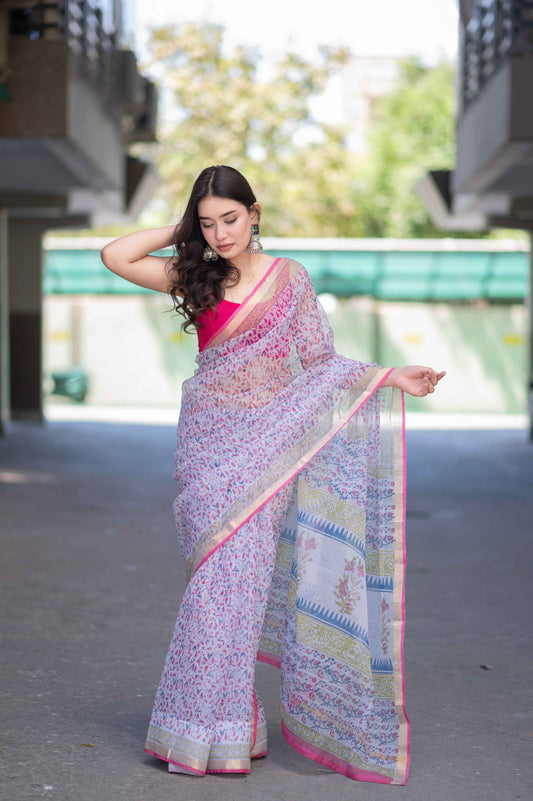 Angel Aura- White Block Printed Saree