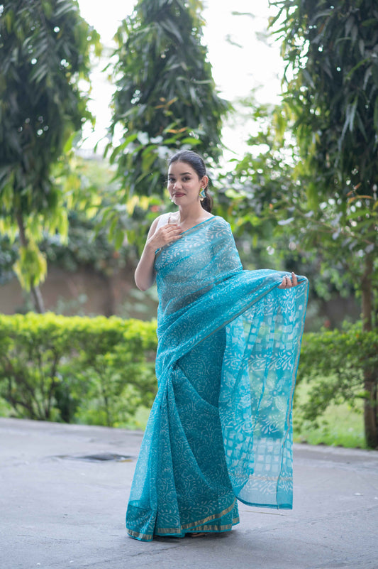 Aqua Dreams- Dabu Kota Doria Saree