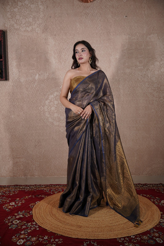 Aarna- Blue Zari Saree with striped Pallu