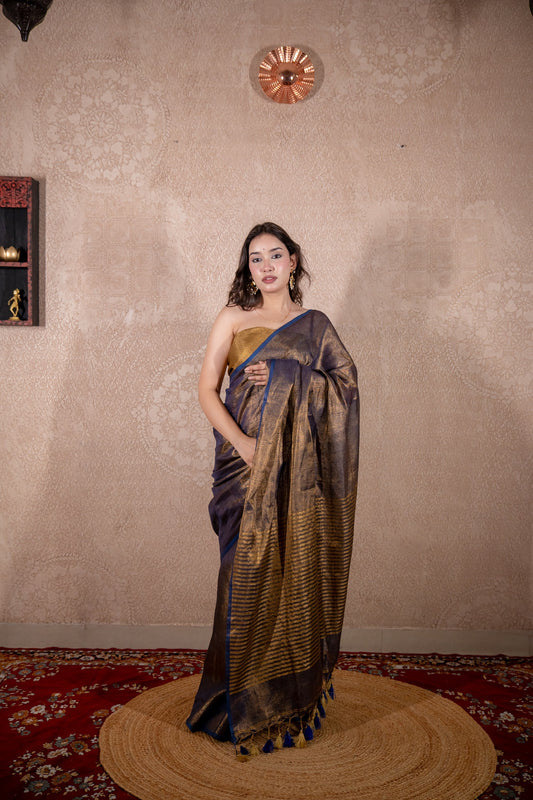 Aarna- Blue Zari Saree with striped Pallu