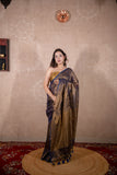 Aarna- Blue Zari Saree with striped Pallu
