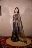 Aarna- Blue Zari Saree with striped Pallu