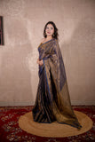 Aarna- Blue Zari Saree with striped Pallu