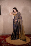 Aarna- Blue Zari Saree with striped Pallu