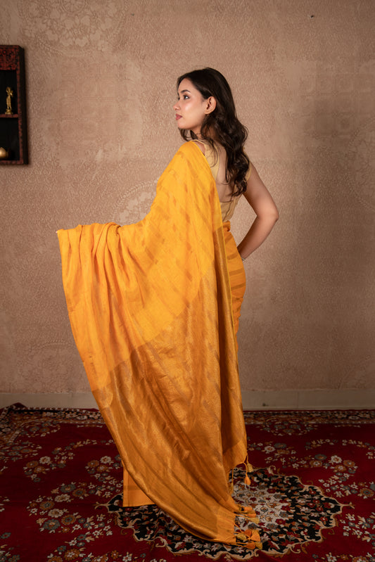 Abhirupa- Yellow Striped Linen Saree