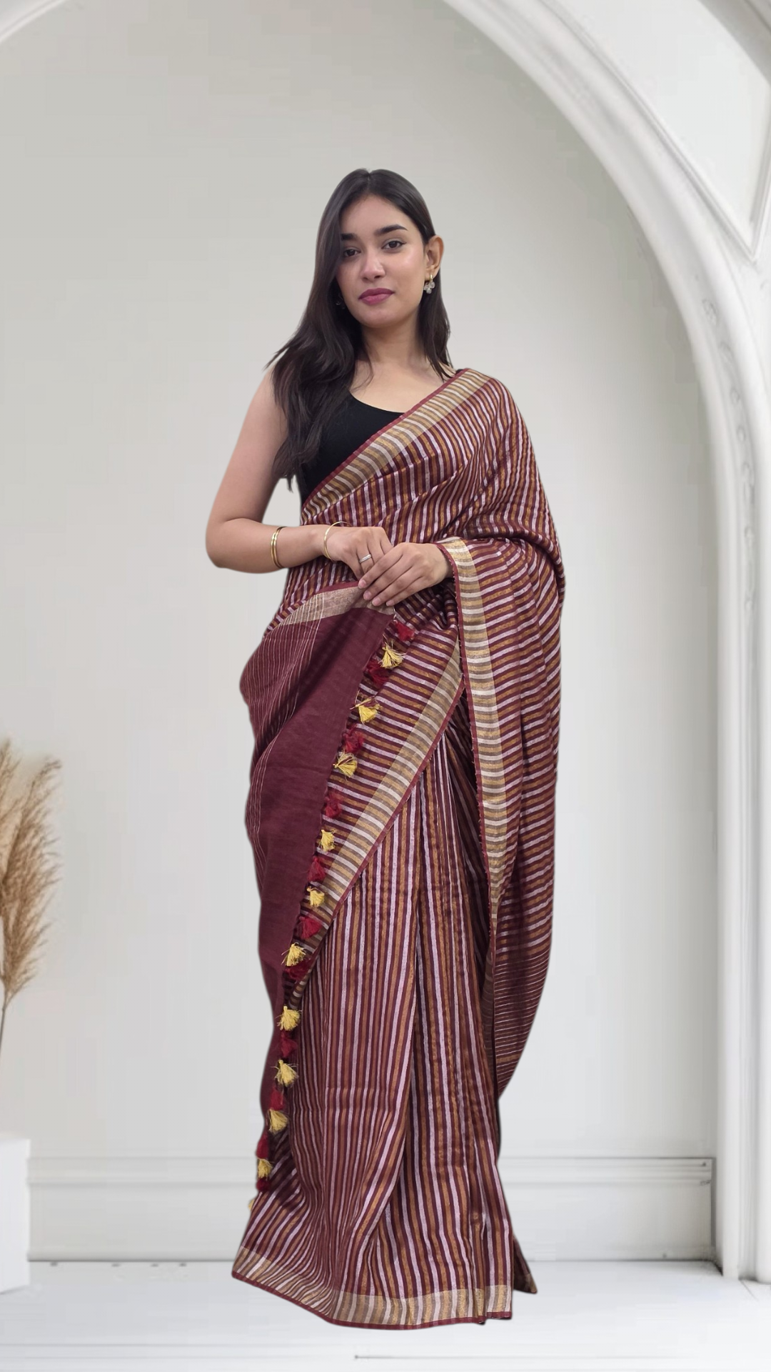 Avanika- Wine Striped Linen Saree