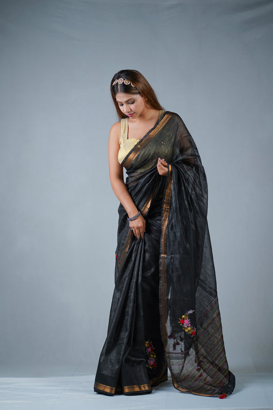 Flowery Nights- Black Silk Linen Saree