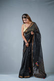 Flowery Nights- Black Silk Linen Saree