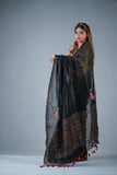 Flowery Nights- Black Silk Linen Saree