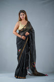 Flowery Nights- Black Silk Linen Saree