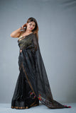 Flowery Nights- Black Silk Linen Saree