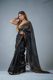 Flowery Nights- Black Silk Linen Saree