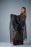 Flowery Nights- Black Silk Linen Saree
