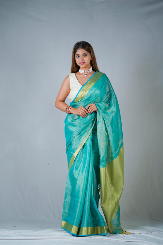 Shiney sky -Blue Zari Linen Saree