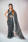 Midnight Elegance - Dotted Black Linen Saree