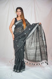 Midnight Elegance - Dotted Black Linen Saree