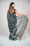 Midnight Elegance - Dotted Black Linen Saree