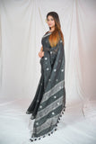 Midnight Elegance - Dotted Black Linen Saree
