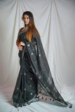 Midnight Elegance - Dotted Black Linen Saree