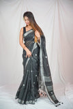 Midnight Elegance - Dotted Black Linen Saree