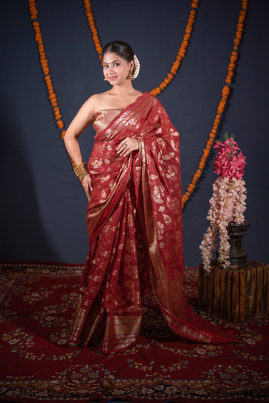 Madhuri- Maroon Floral Kota Doria Saree