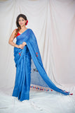 Floral Fantasy- Blue Linen Saree