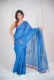 Floral Fantasy- Blue Linen Saree