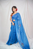 Floral Fantasy- Blue Linen Saree