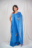 Floral Fantasy- Blue Linen Saree