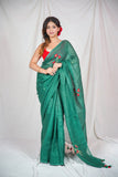 Botanical Beauty - Green Linen Saree