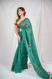 Botanical Beauty - Green Linen Saree