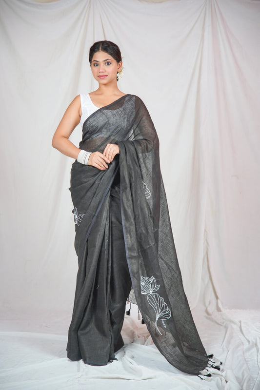 Midnight Monochrome- Black Linen Saree