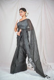 Midnight Monochrome- Black Linen Saree