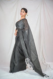 Midnight Monochrome- Black Linen Saree