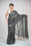 Midnight Monochrome- Black Linen Saree