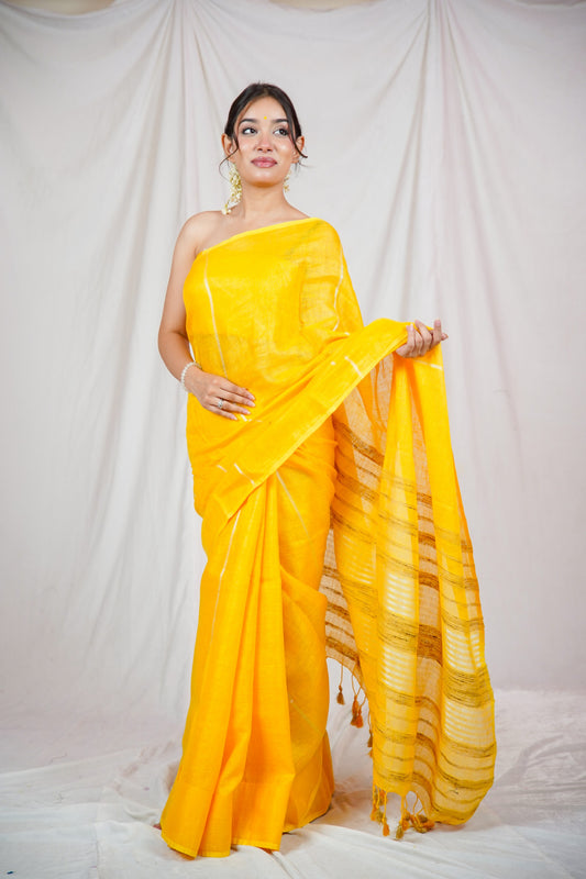 Swarna Rekha - Yellow Striped Linen Saree