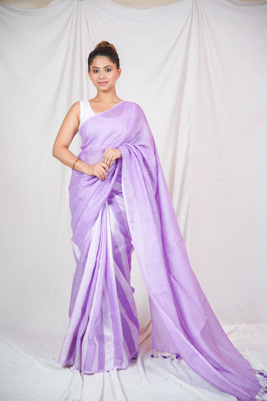 Lavender Gleam - Silver Striped Saree