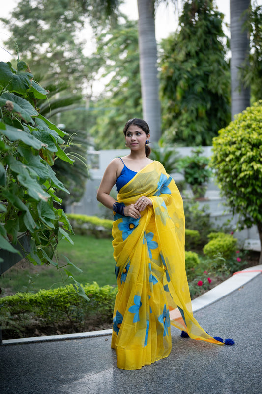 Golden Flora- Handpainted Kota Doria Saree