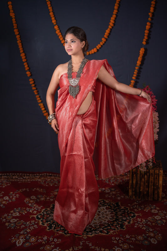 Anandi - Red Striped Zari Linen Saree