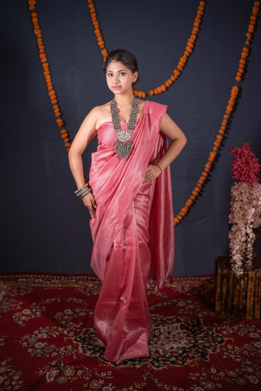 Dhaara - Pink Striped Zari Linen Saree