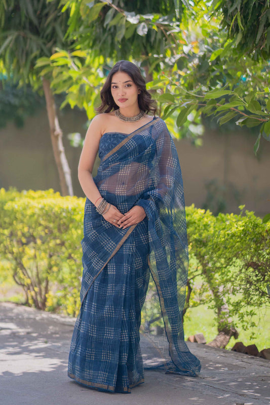 Neelanjali - Indigo Checks Kota Doria Saree