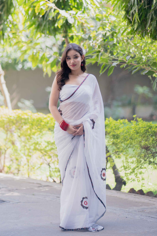 Nandini- White Applique Kota Saree