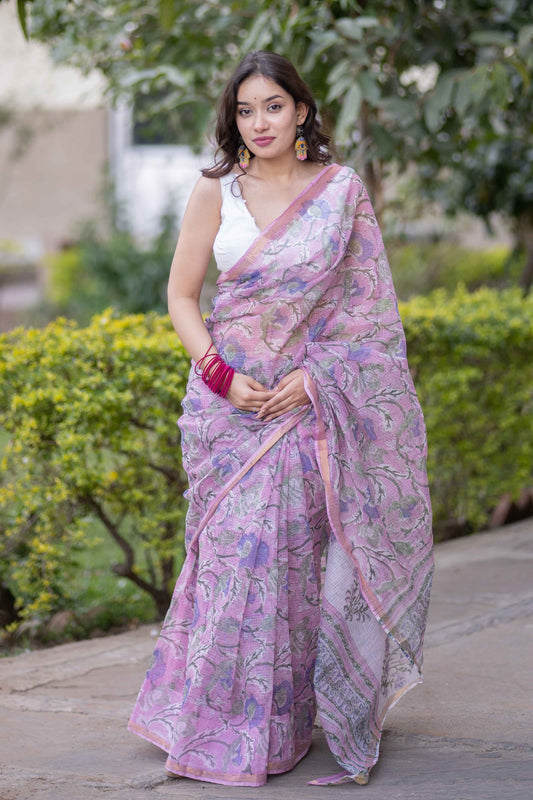 Rangchhavi- Pink Floral Kota Doria Saree