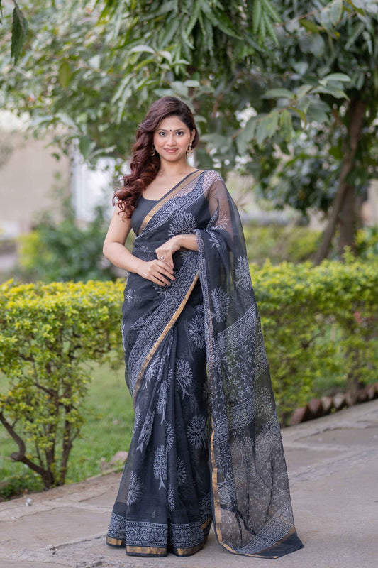 Sanjh Rati - Black Kota Doria Saree