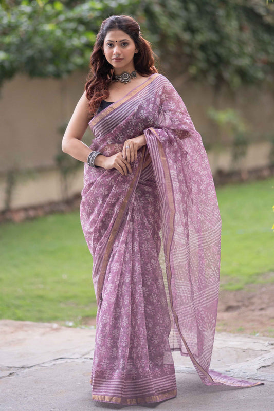 Rekhini - Purple Kota Doria Saree