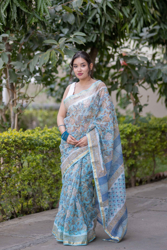 Pushpanjali - Blue Floral Kota Doria Saree