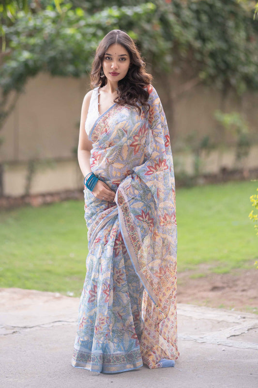 Varanika - Blue Kota Doria Saree