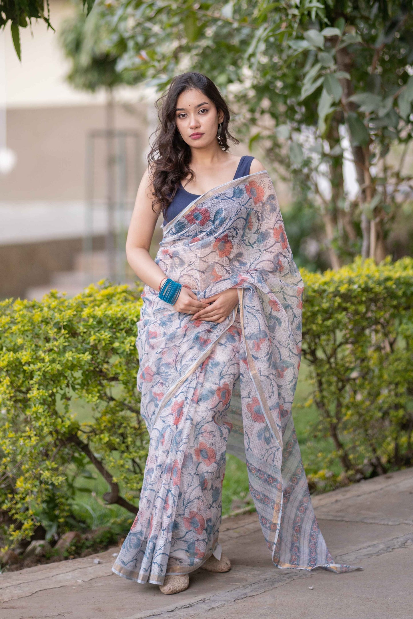 Kshitija- White Floral Kota Doria Saree