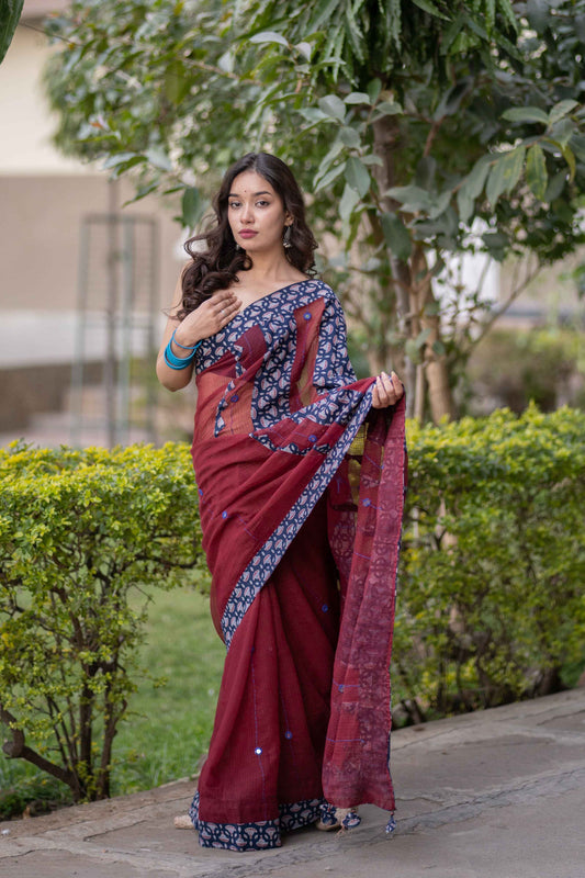 Urmila- Maroon Ajrakh Applique Saree