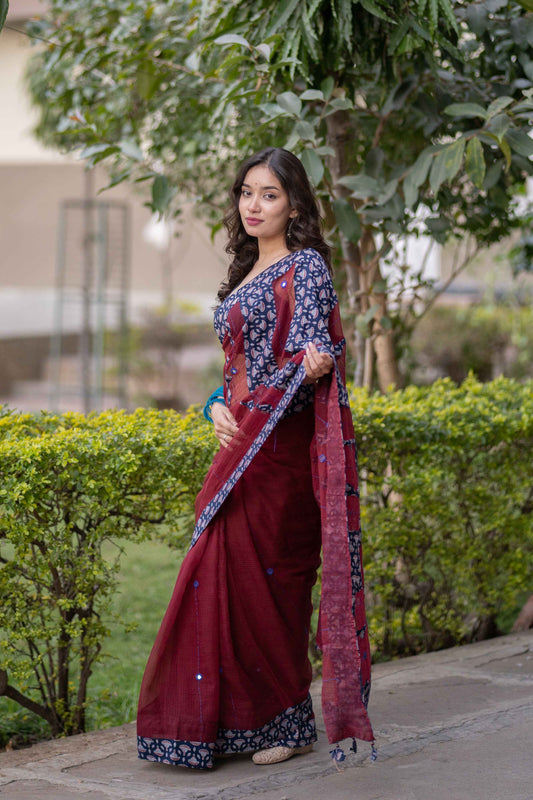 Urmila- Maroon Ajrakh Applique Saree